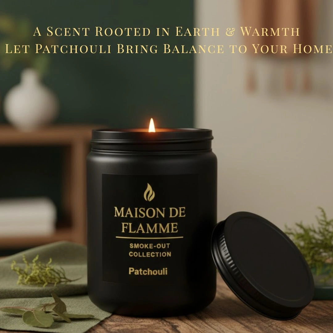 Black Patchouli candle in a warm living room setup — grounding woody and earthy scent.