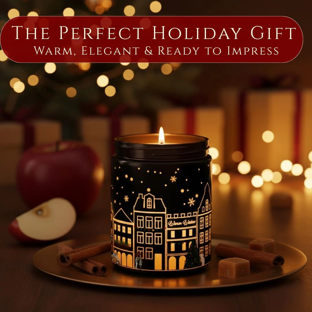 Apple & Cinnamon candle in a black jar displayed as the perfect holiday gift in a warm, cozy home setting, available at Shopeezy.