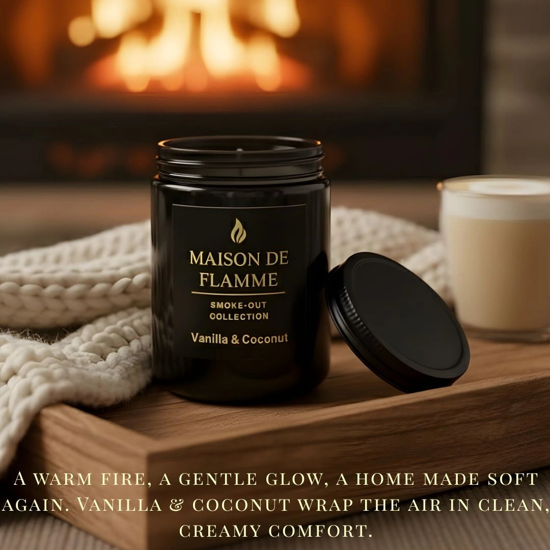 Maison De Flamme Vanilla & Coconut candle styled on a wooden tray with cozy home décor — sweet vanilla and coconut soy wax candle.