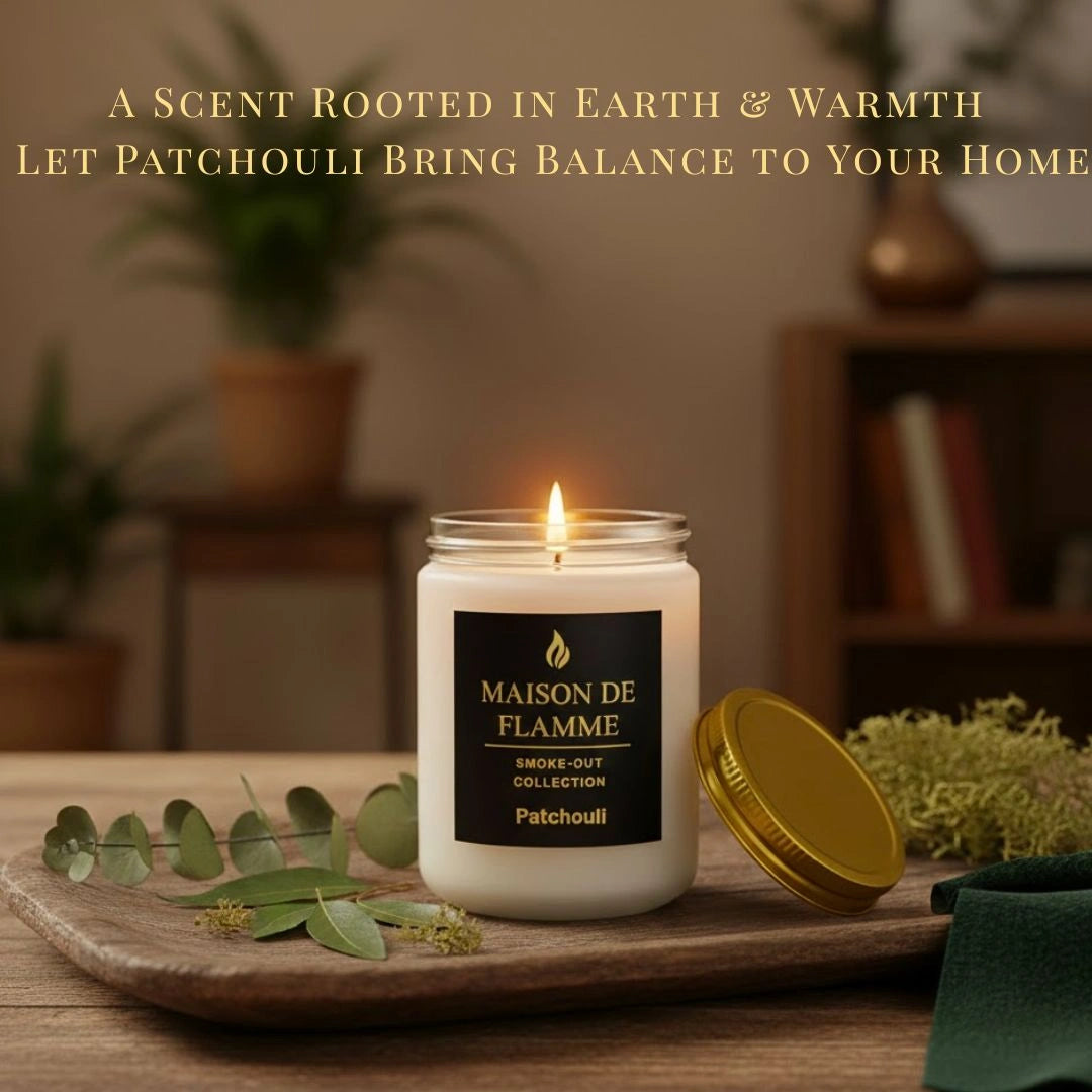 White Patchouli candle displayed with leaves and wood accents — warm earthy patchouli aroma.
