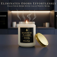 Thumbnail for Maison De Flamme White Musk candle styled on a navy background — minimalist clean musk scented soy candle.