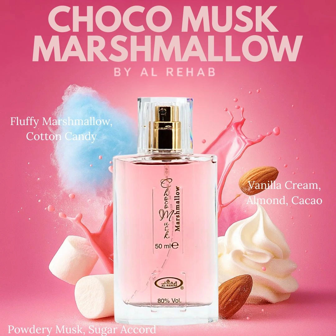 Choco Musk Marshmallow perfume bottle surrounded by marshmallows and sugar accents, sweet creamy gourmand fragrance with vanilla and soft musk - Shopeezy