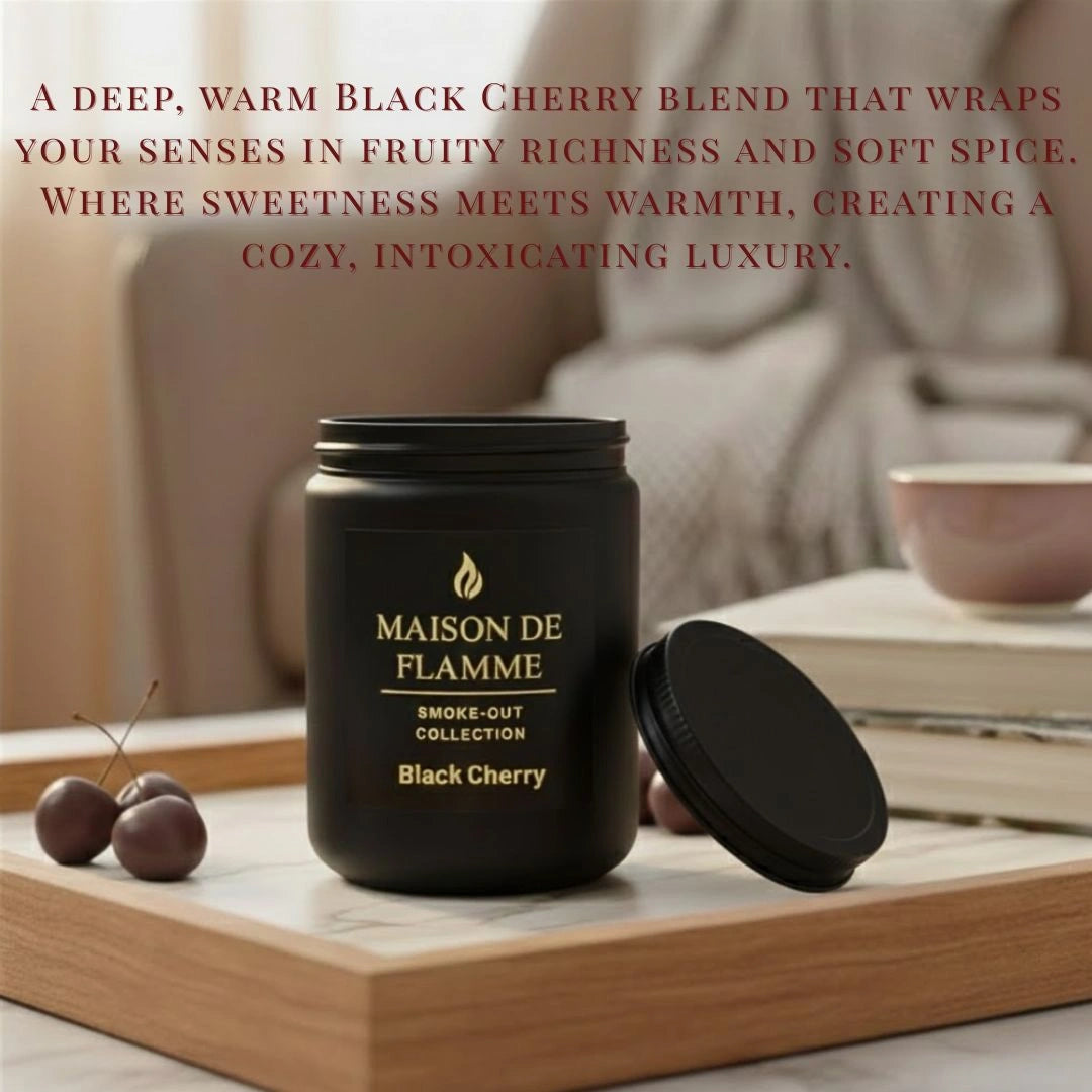 Black Black Cherry candle displayed with fresh cherries and warm-toned décor — sweet fruity cherry aroma
