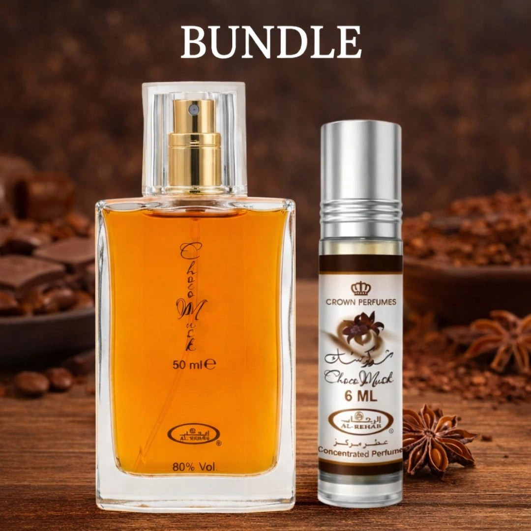 Al Rehab Choco Musk perfume bundle featuring 50ml spray and 6ml roll-on oil, sweet dessert-inspired scent - Shopeezy