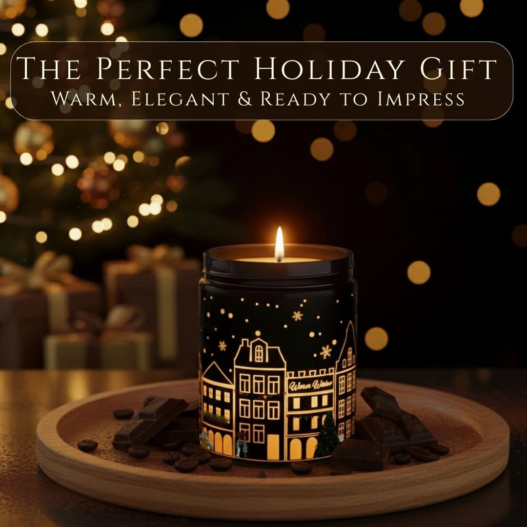 Coffee Chocolate candle in a black jar displayed as the perfect holiday gift in a warm, cozy home setting, available at Shopeezy.
