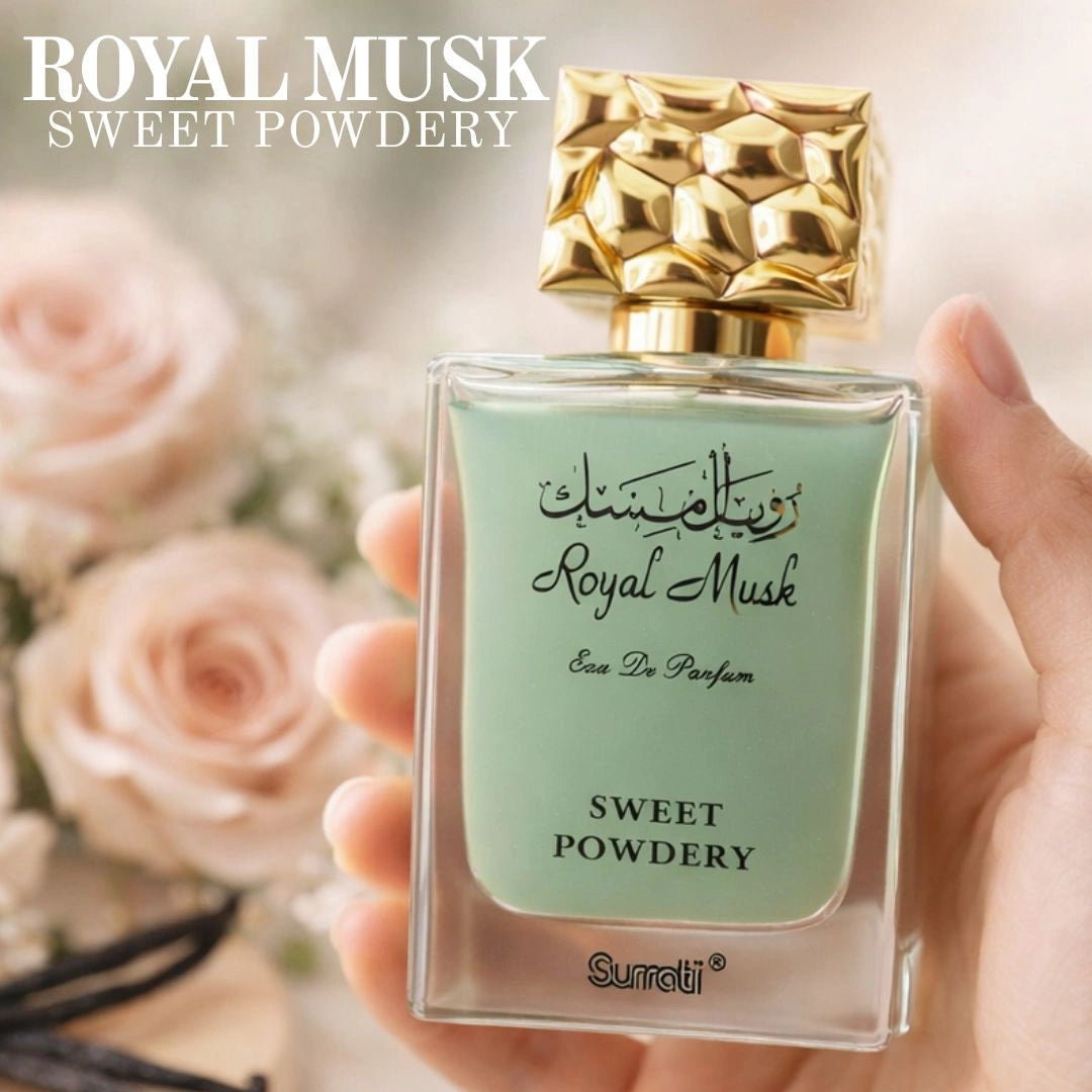 Royal Musk Sweet Powdery perfume by Surrati surrounded by roses, elegant powdery musk unisex fragrance - Shopeezy