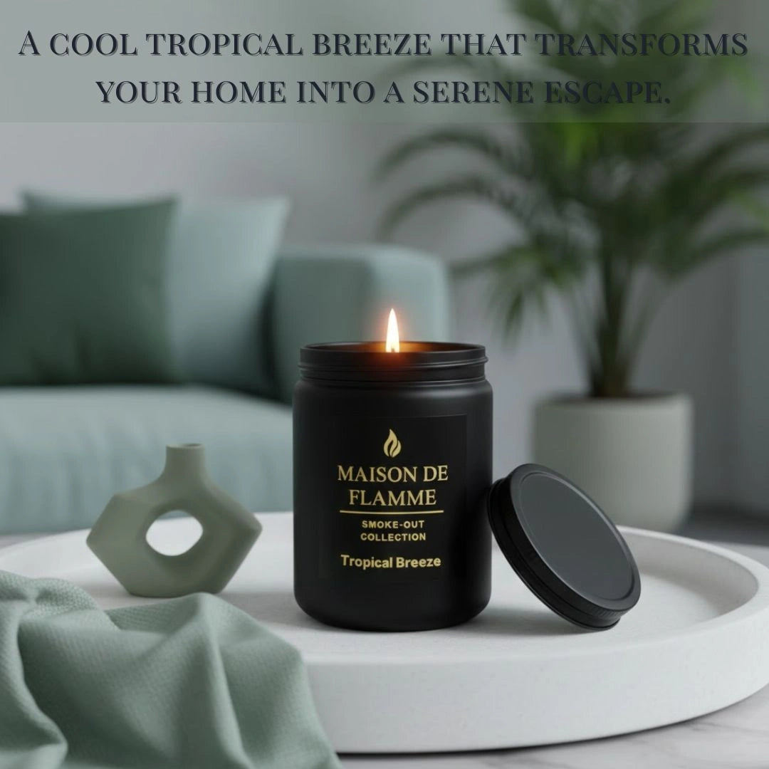 Black Tropical Breeze candle on a coastal home décor setup — cool tropical citrus and fruit-scented soy wax candle.