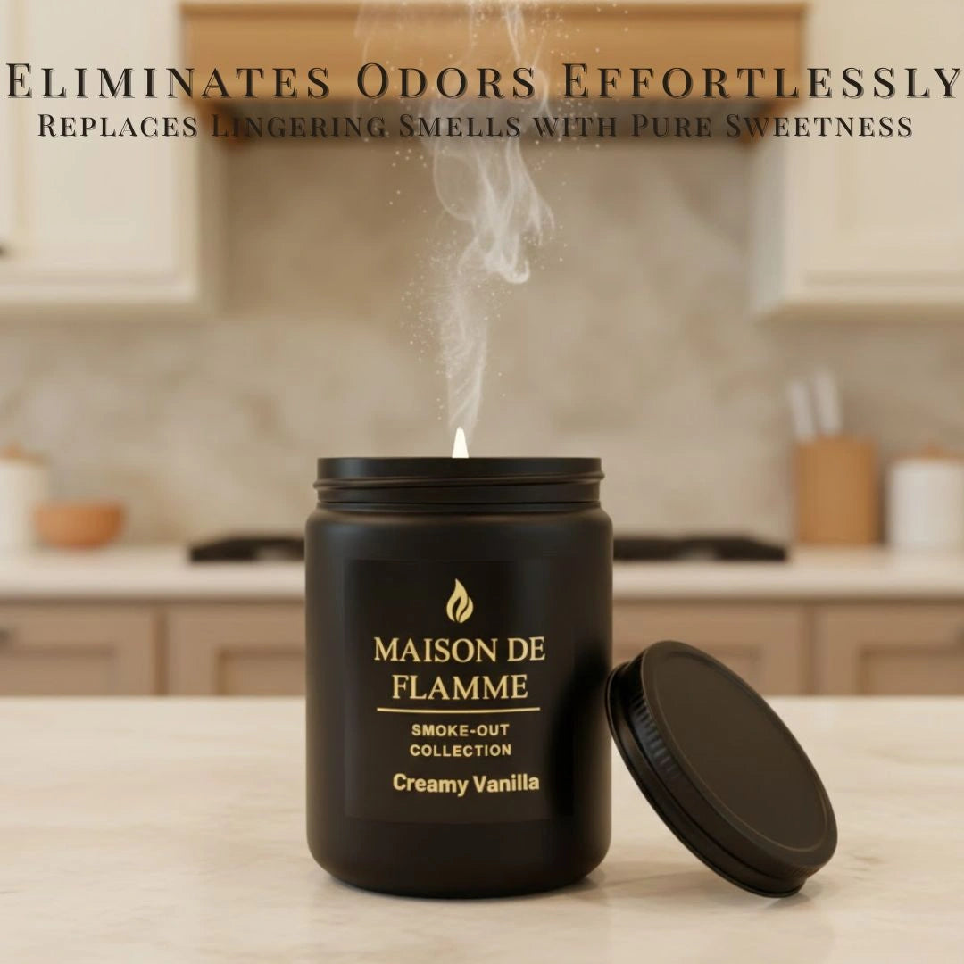 Black Creamy Vanilla candle in a modern kitchen with soft warm lighting — odor-eliminating creamy vanilla aroma