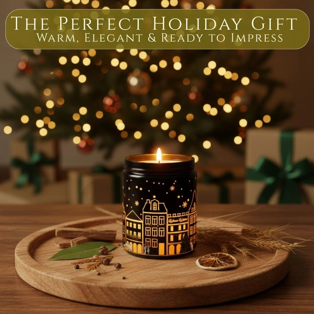 Sandalwood candle displayed as a perfect holiday gift with warm cozy home background by Maison De Flamme available at Shopeezy.