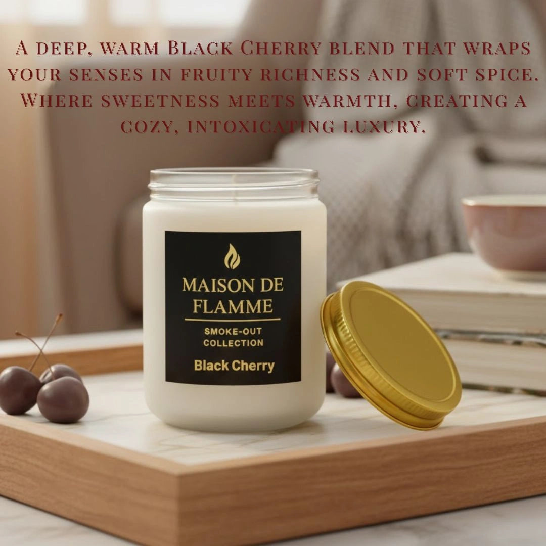 White Black Cherry scented candle in a warm living room setup — sweet cherry aroma with cozy ambience.