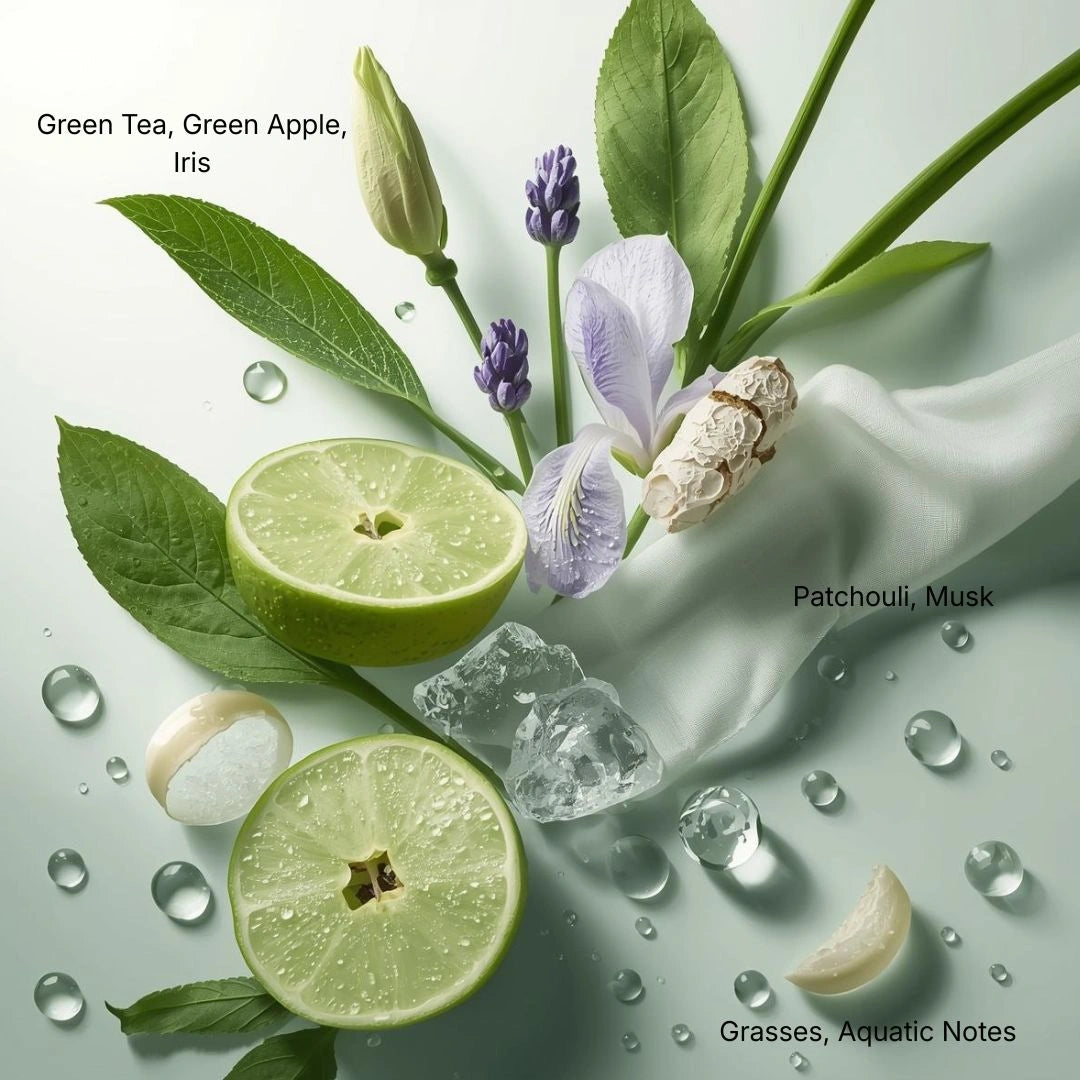 Patchouli Apple perfume notes - green tea, green apple, iris, patchouli, musk, and grasses on a light background. - Shopeezy