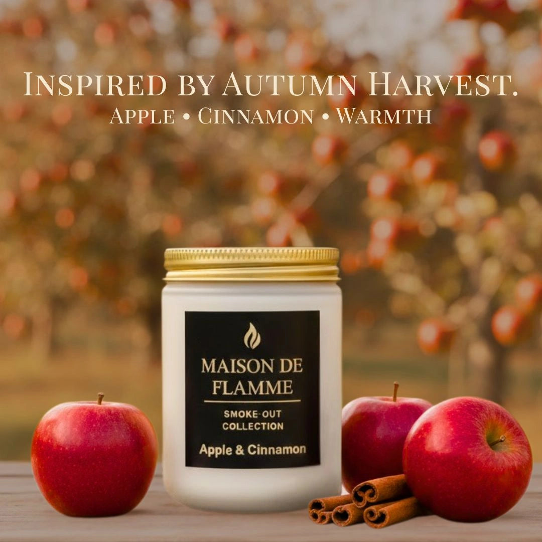 Maison De Flamme Apple & Cinnamon candle styled with red apples — fruity and spicy soy wax candle.