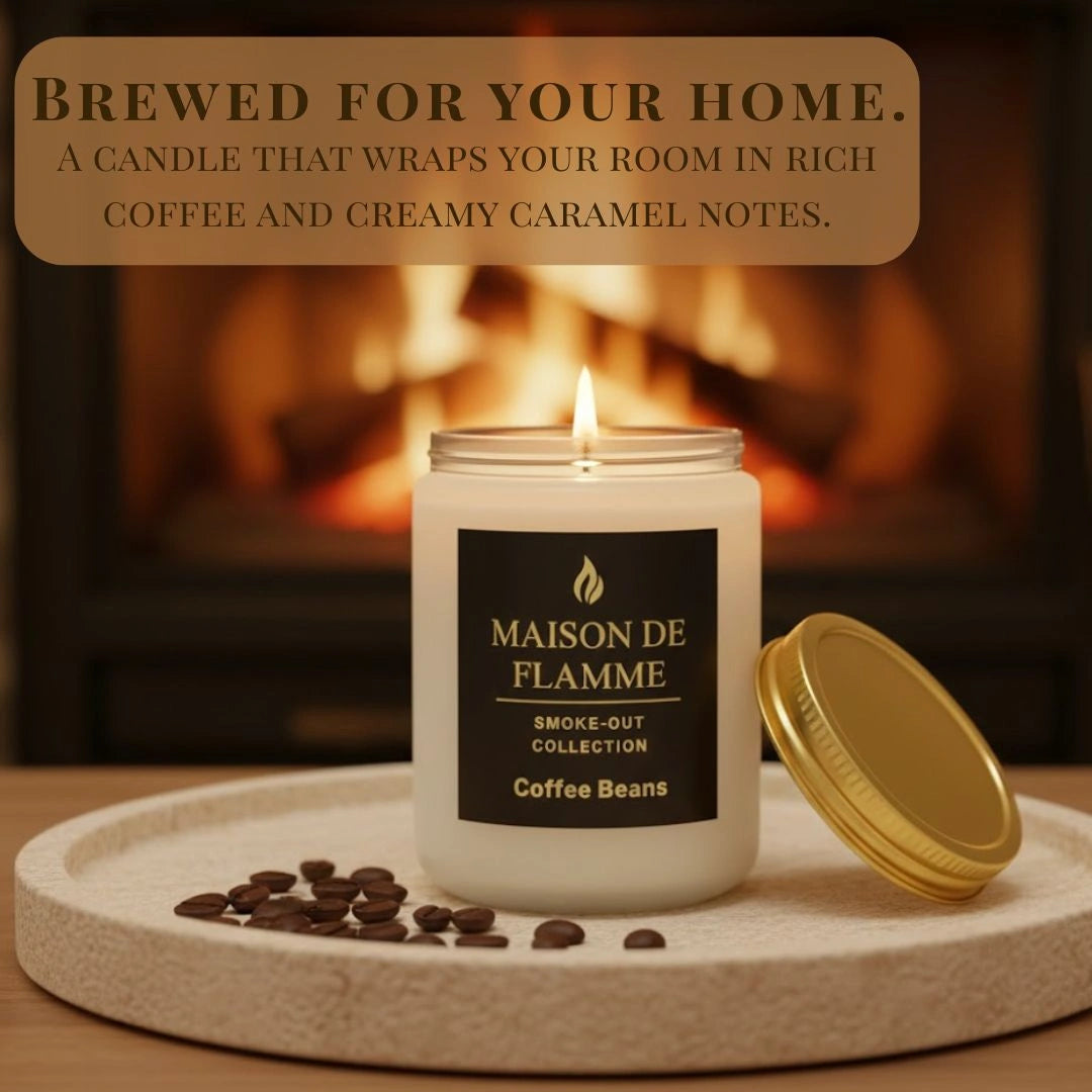 Maison De Flamme Coffee Beans candle placed near fireplace with scattered coffee beans — warm roasted coffee soy wax candle.