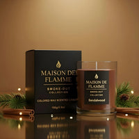 Thumbnail for Sandalwood candle with box in warm golden setting — premium luxury scented candle by Maison De Flamme.