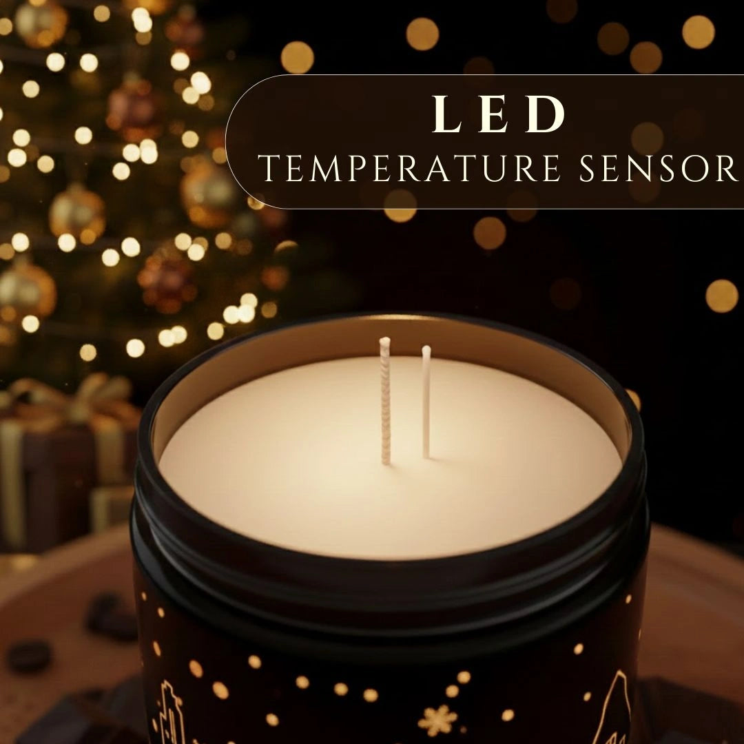 Close-up of heat-activated LED temperature sensor inside the Coffee Chocolate light-up scented candle in a black jar, available at Shopeezy.