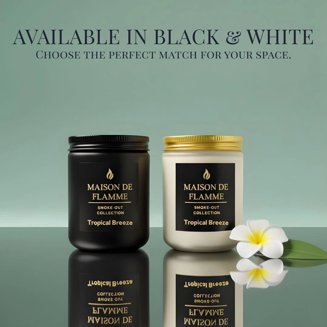 Black and white versions of Maison De Flamme Tropical Breeze candles — luxury tropical citrus scented candles in two color options. - Shopeezy