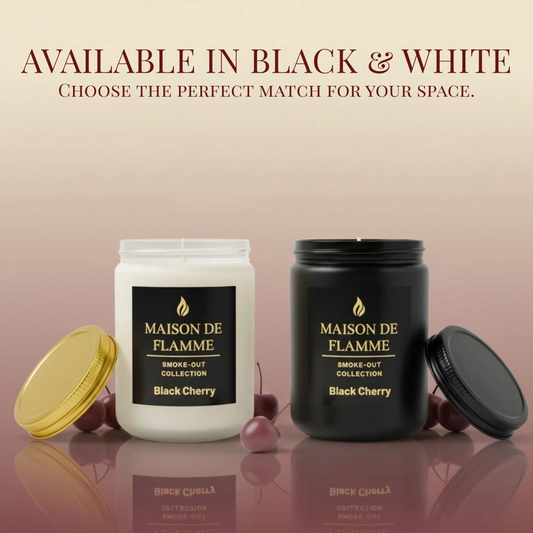 Black and white versions of Maison De Flamme Black Cherry candles — luxury black cherry scented candles in two color options.