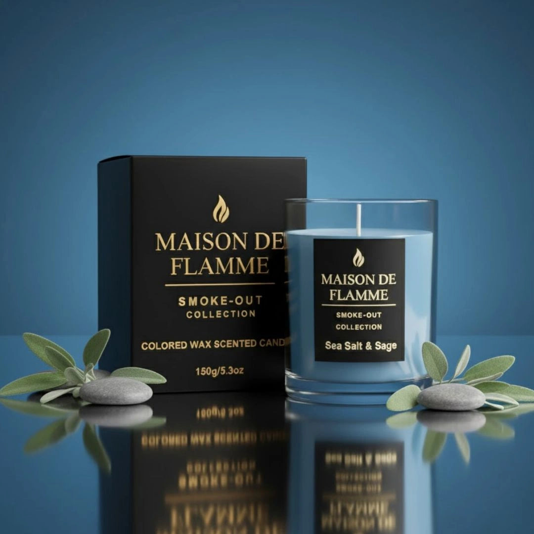 Sea Salt & Sage candle with box in reflective blue studio setup decorated with sage leaves and sea elements.