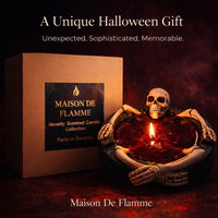 Thumbnail for Luxury Halloween gift skeleton candle with red wax in decorative skull holder, unique spooky gift idea for gothic home decor lovers