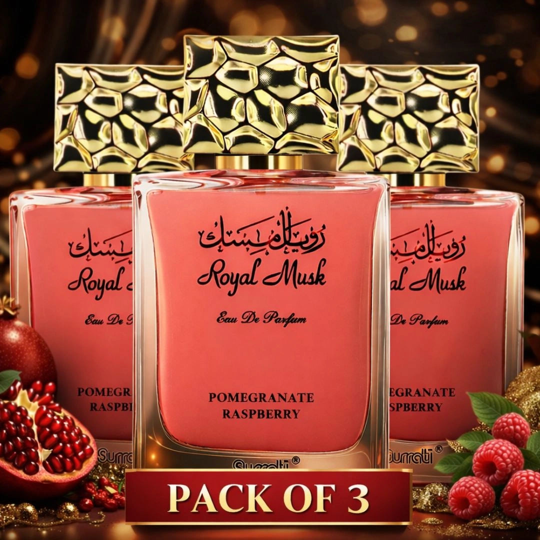 Royal Musk Pomegranate Raspberry eau de parfum pack of 3 by Surrati, premium Arabian unisex perfume bundle - Shopeezy