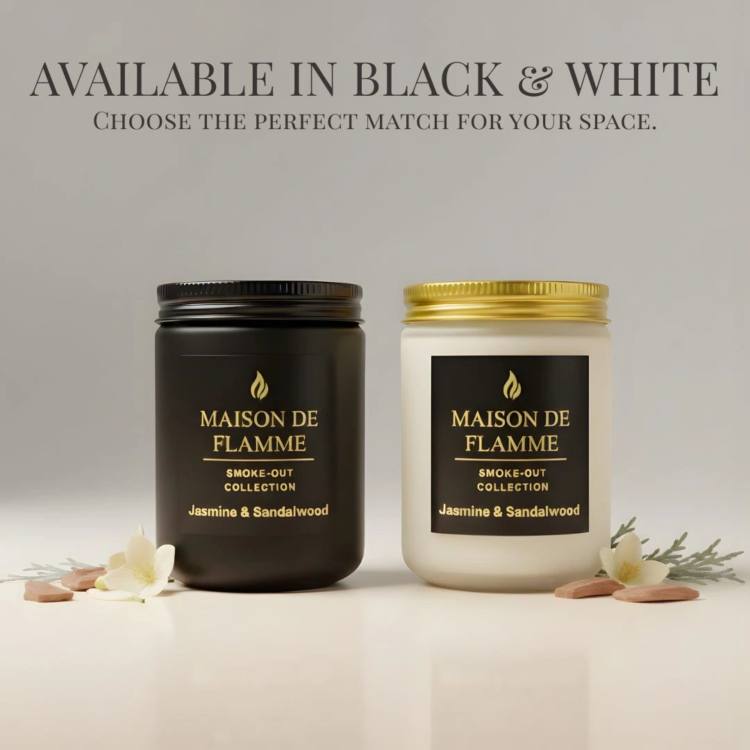 Black and white versions of Maison De Flamme Jasmine & Sandalwood candles — luxury floral and woody scented candles in two color options. - Shopeezy