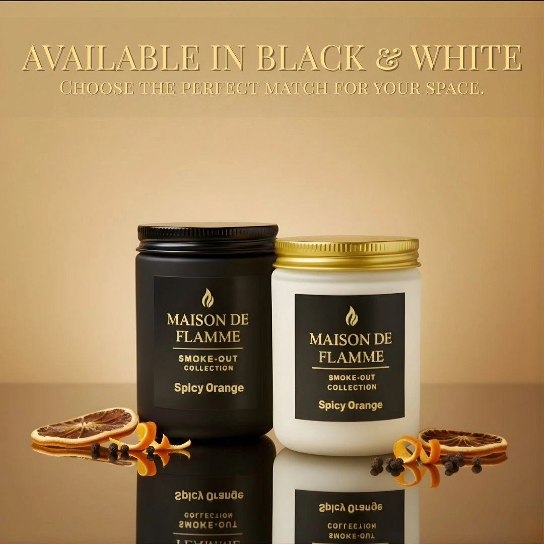 Black and white versions of Maison De Flamme Spicy Orange scented candles — premium citrus and spice soy wax candles.