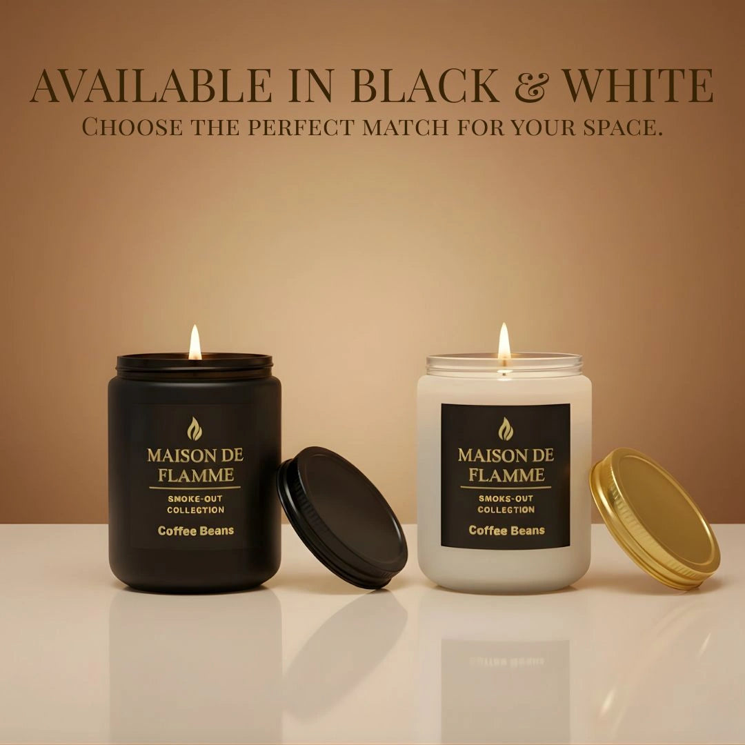 Black and white versions of Maison De Flamme Coffee Beans candles — luxury roasted coffee scented candles in two color options. - Shopeezy