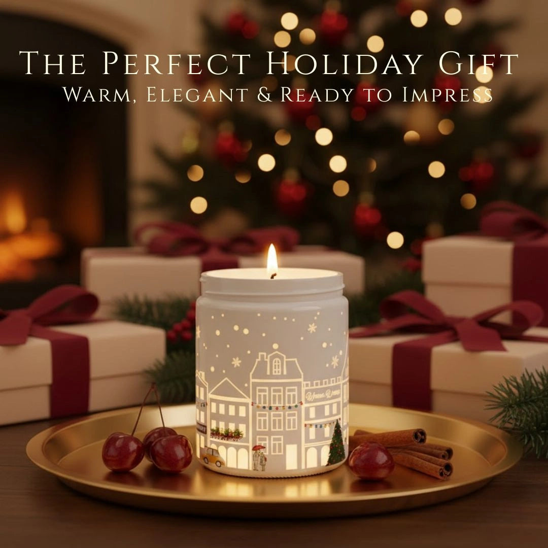 Black Cherry light-up candle displayed as the perfect holiday gift with glowing winter village design and Christmas décor, available at Shopeezy.