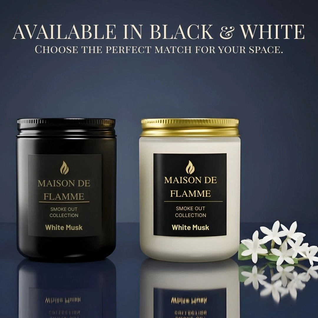 Black and white versions of Maison De Flamme White Musk candles — luxury clean musk scented soy candles in two color options. - Shopeezy