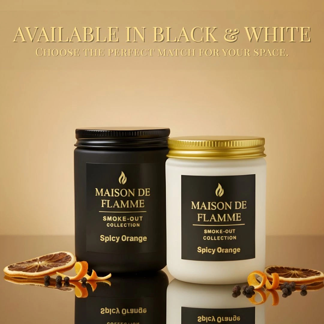 Black and white versions of Maison De Flamme Spicy Orange candles — luxury citrus and spice soy wax candles. - Shopeezy