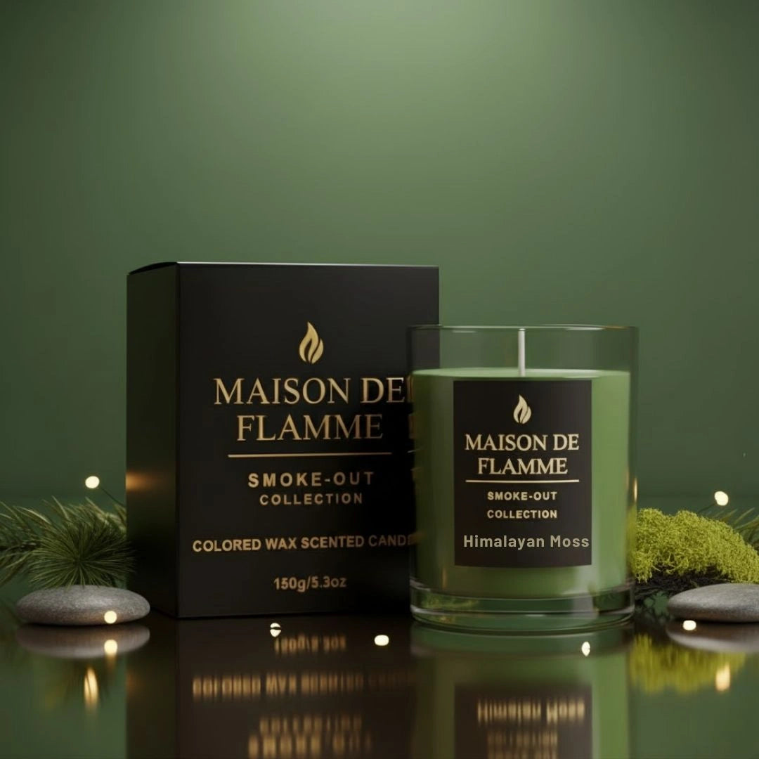 Himalayan Moss candle with box in green studio setting with moss and soft lights, luxury home fragrance