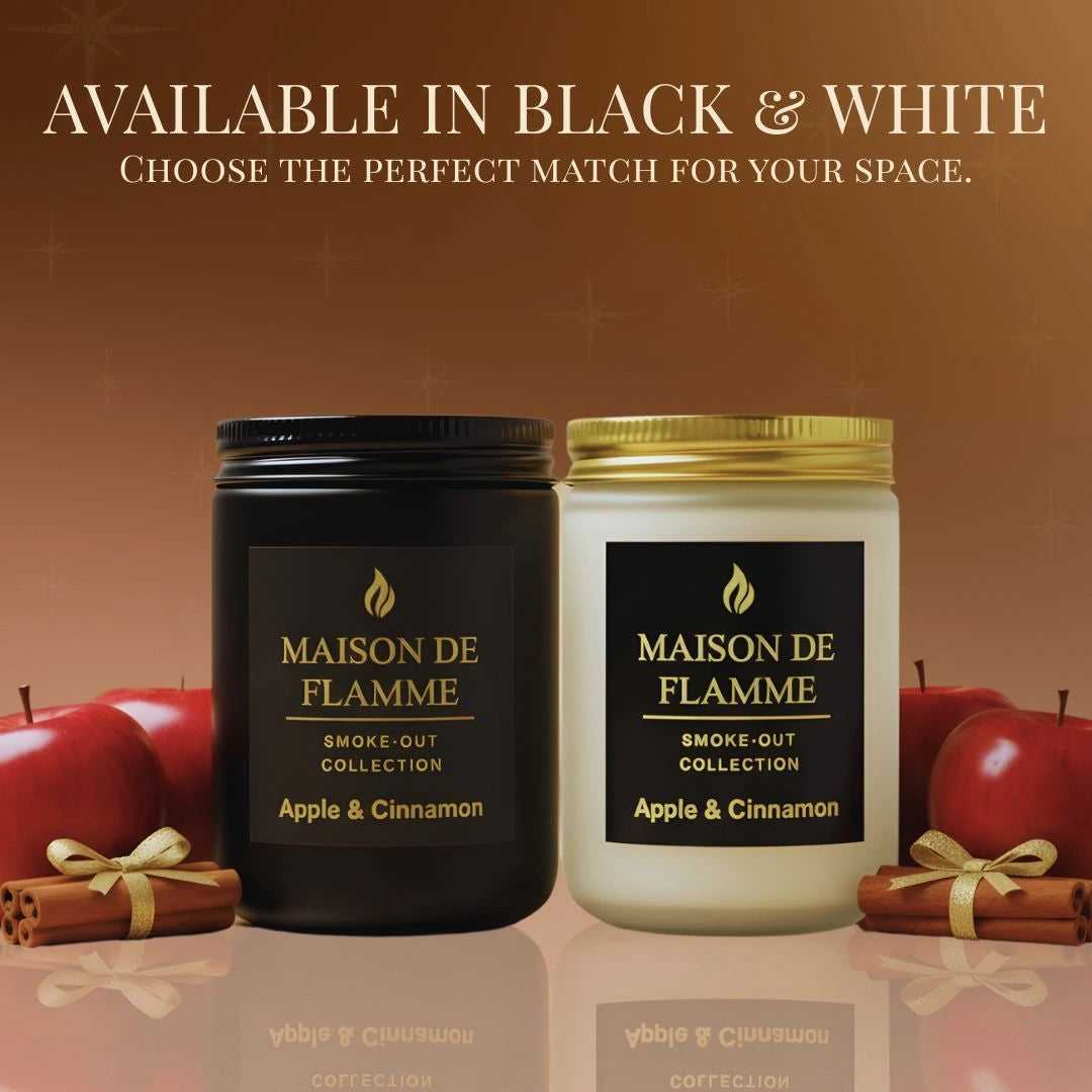 Black and white versions of Maison De Flamme Apple & Cinnamon candles — luxury apple spice scented candles in two color options.