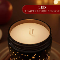 Thumbnail for Close-up of heat-activated LED temperature sensor inside the Apple & Cinnamon light-up scented candle in a black jar, available at Shopeezy.