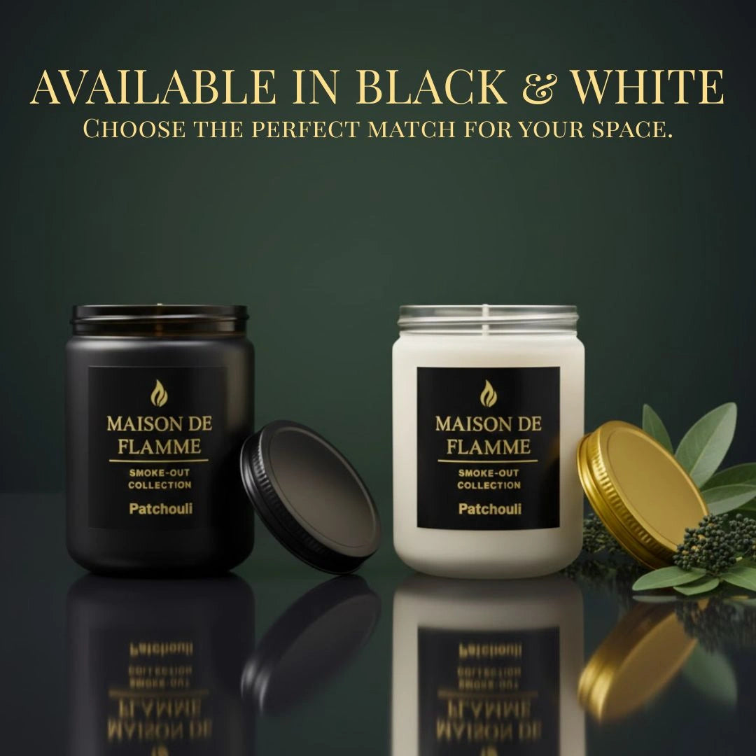 Black and white versions of Maison De Flamme Patchouli candles — luxury earthy patchouli scented candles in two color options.