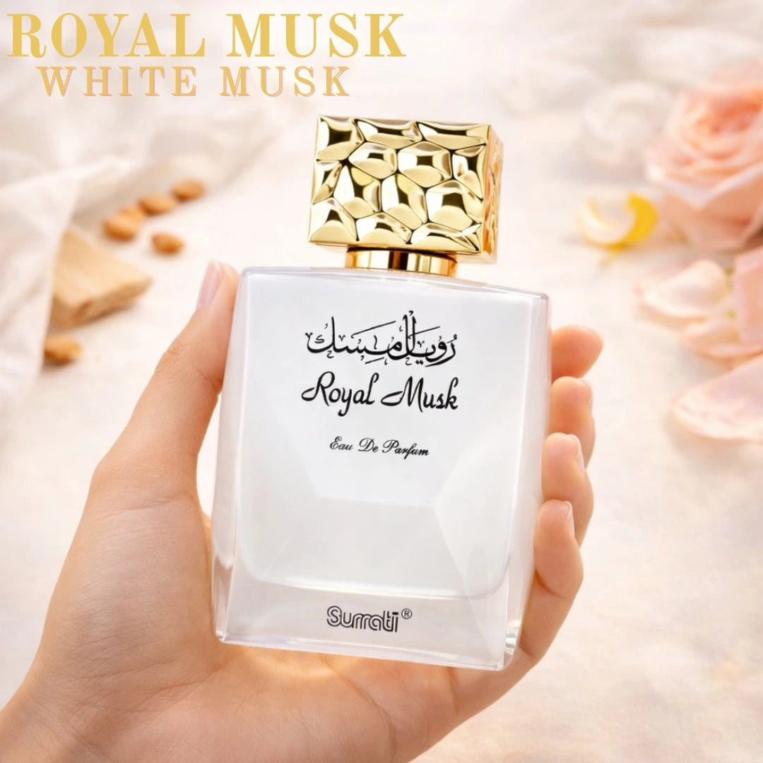 Royal Musk White Musk perfume by Surrati held in hand, fresh clean musky Arabian fragrance - Shopeezy