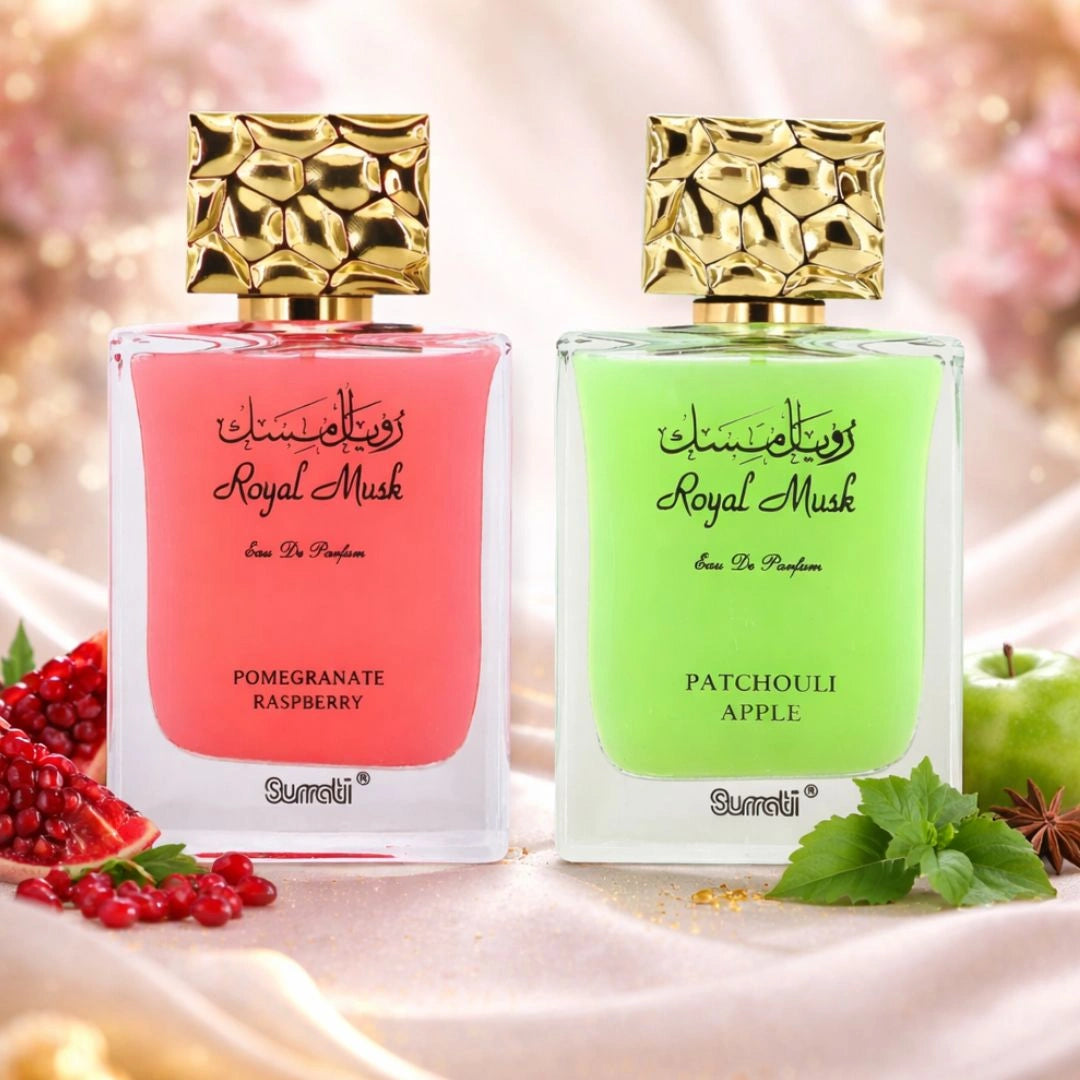 Royal Musk luxury perfume gift set with Pomegranate Raspberry and Patchouli Apple scents, elegant fragrance bundle - Shopeezy