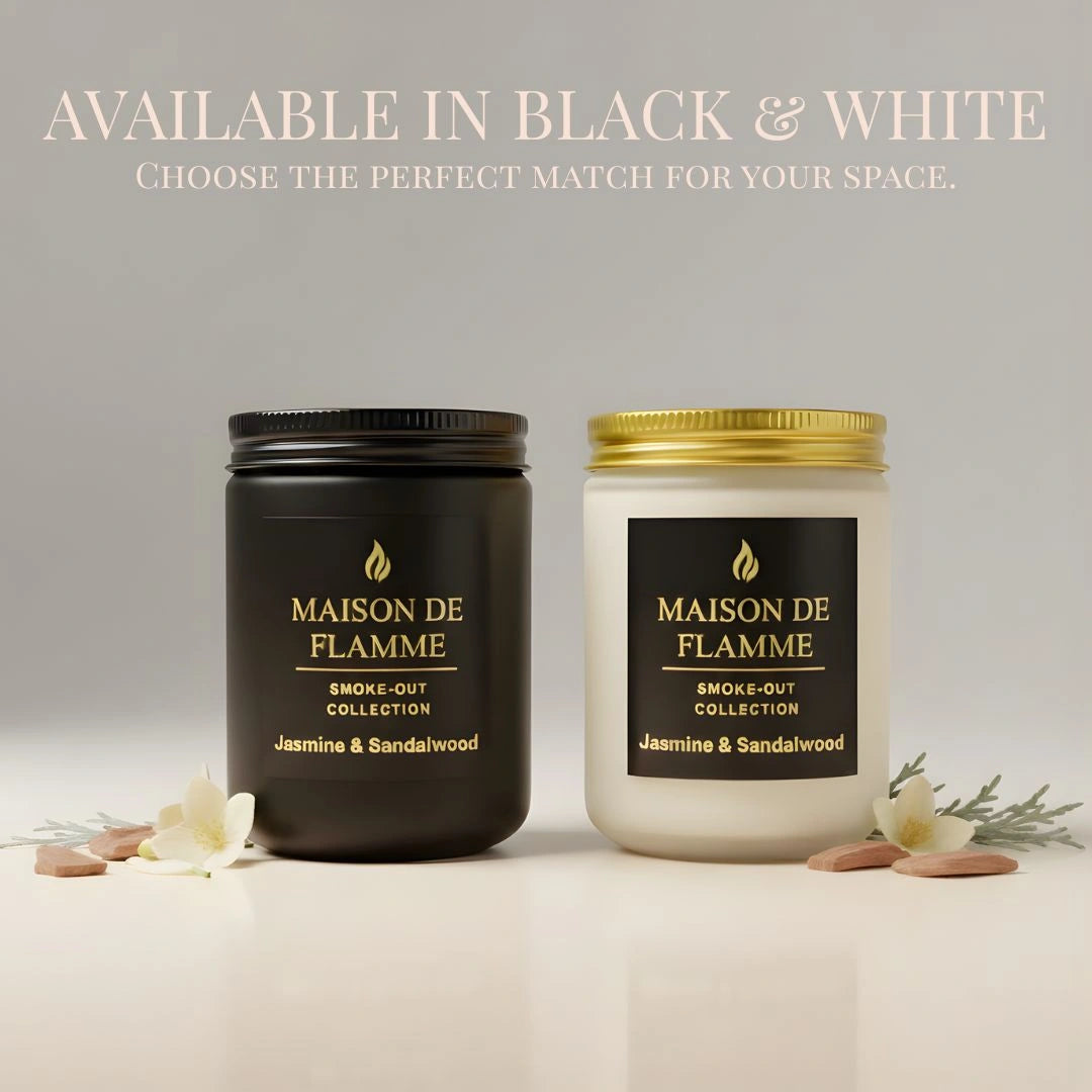 Black and white versions of Maison De Flamme Jasmine & Sandalwood candles — luxury floral and sandalwood soy wax candles.