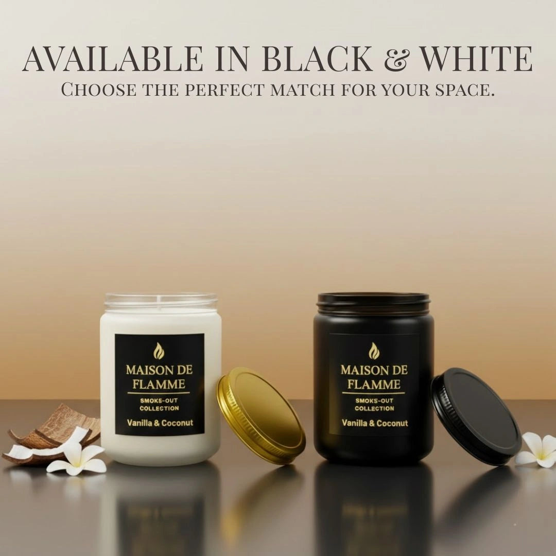 Black and white versions of Maison De Flamme candles displayed side by side with decorative ceramic pieces, showing available color options.