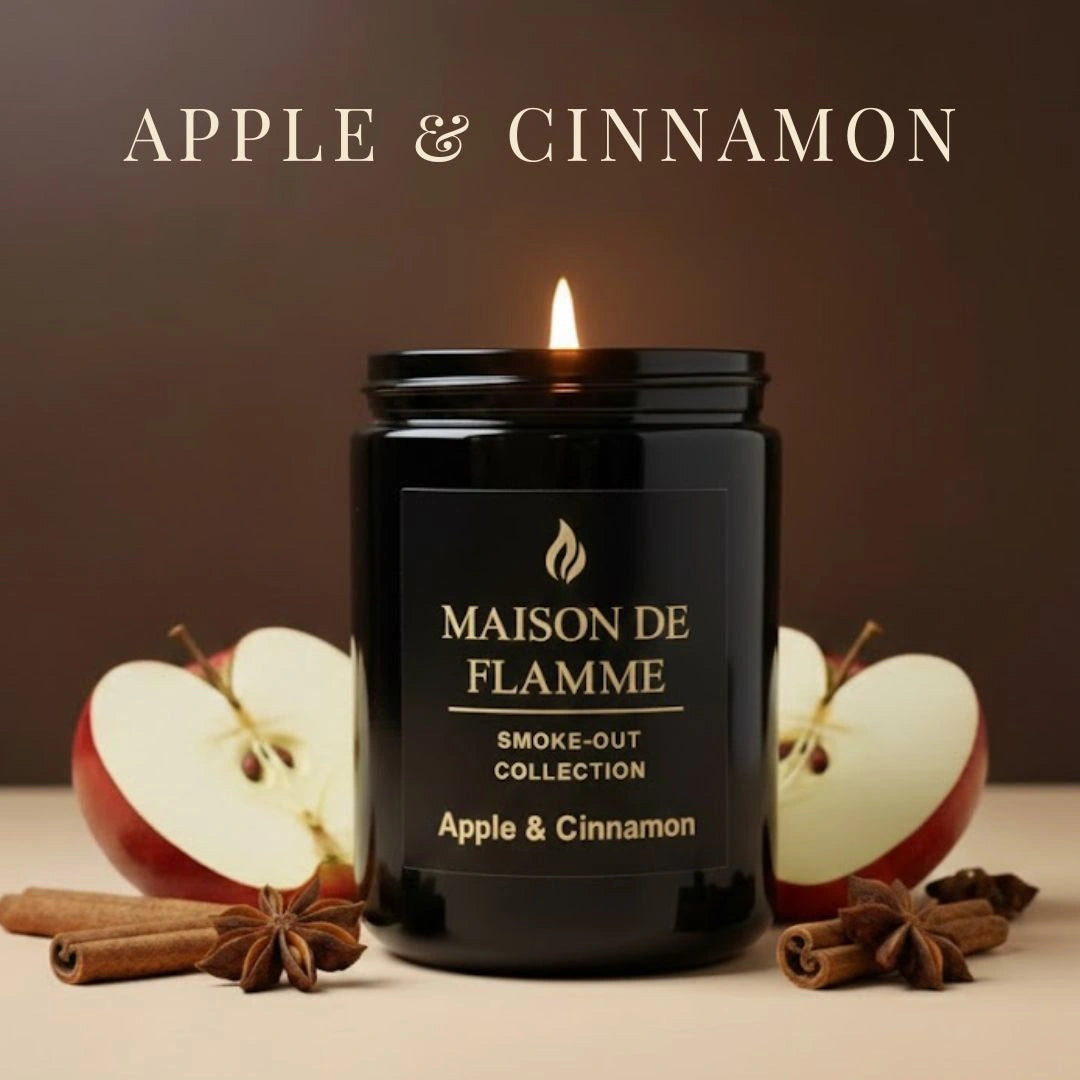 Maison de Flamme candle with apple and cinnamon on a brown background