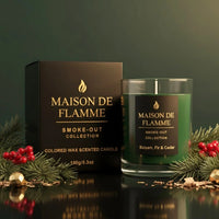 Thumbnail for Balsam, Fir & Cedar candle with box in deep green setup decorated with evergreens and red winter berries