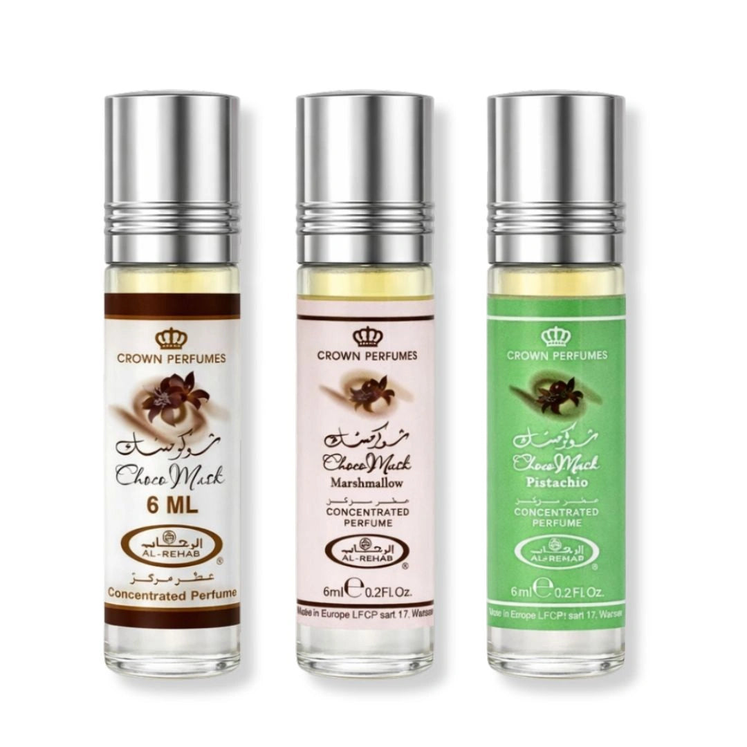 Al Rehab Choco Musk Original, Choco Musk Marshmallow & Choco Musk Pistachio 6ml (0.2 oz) Roll-On Perfume Oils - Bundle