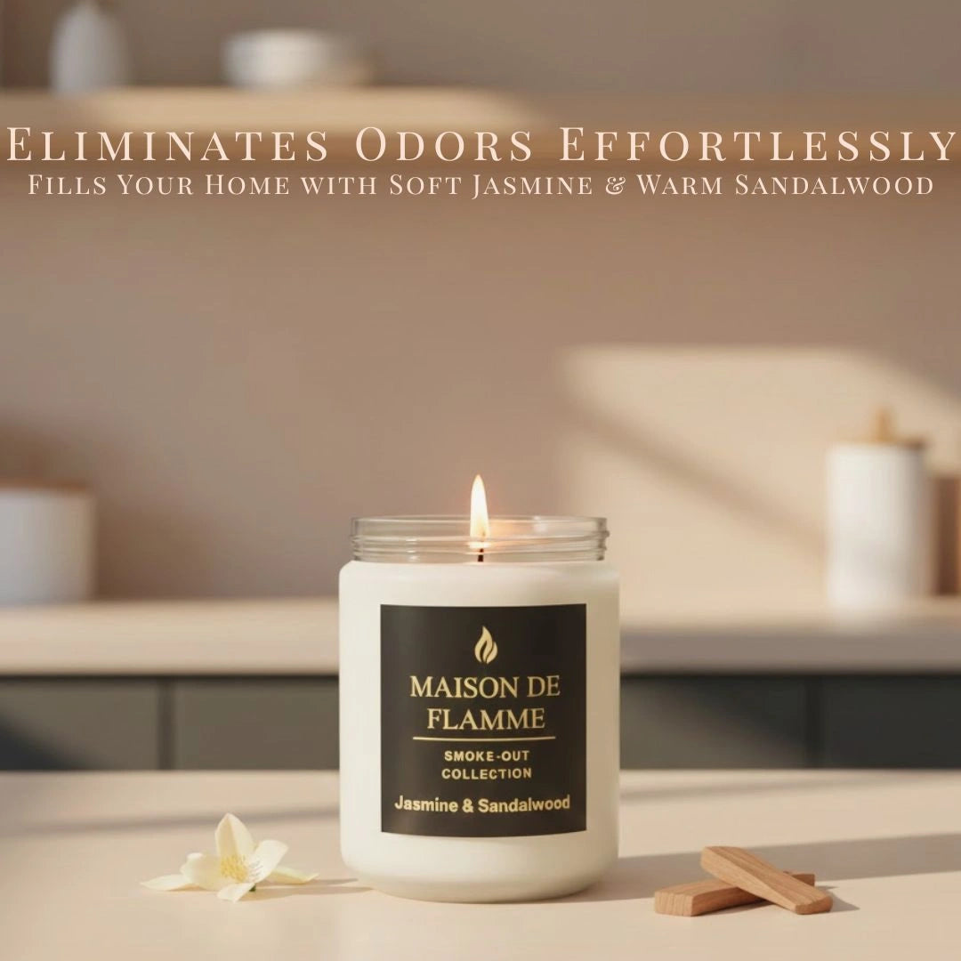 Maison De Flamme Jasmine & Sandalwood candle styled with white flowers — elegant floral and sandalwood scented soy candle.