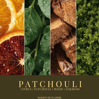 Thumbnail for Patchouli candle with natural wood, spices, and leaf textures — deep earthy patchouli fragrance notes.
