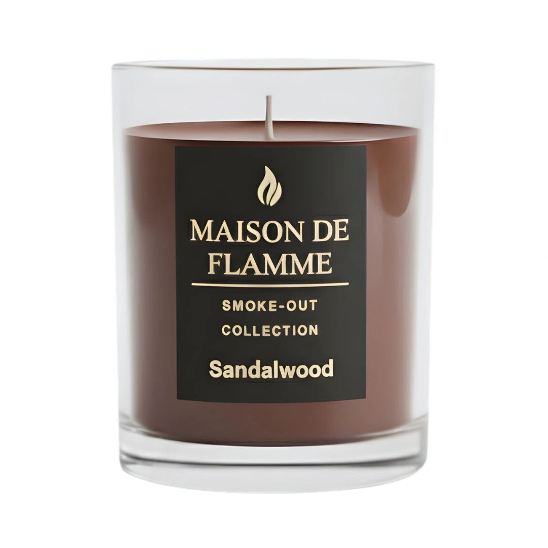 Maison De Flamme Sandalwood candle in glass jar — premium soy blend, rich wood aroma.