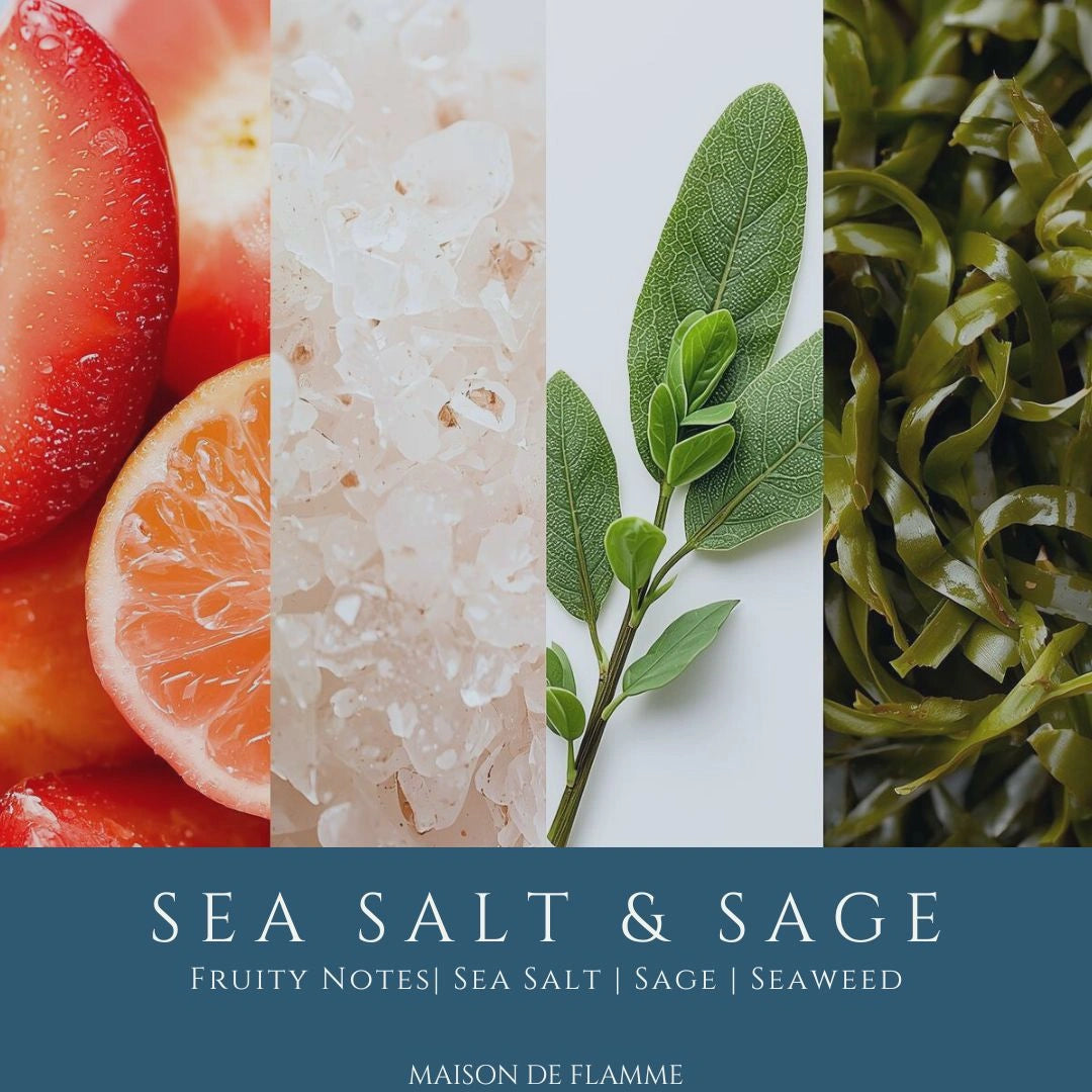 Sea Salt & Sage fragrance notes image featuring grapefruit, sea salt crystals, sage, and seaweed.