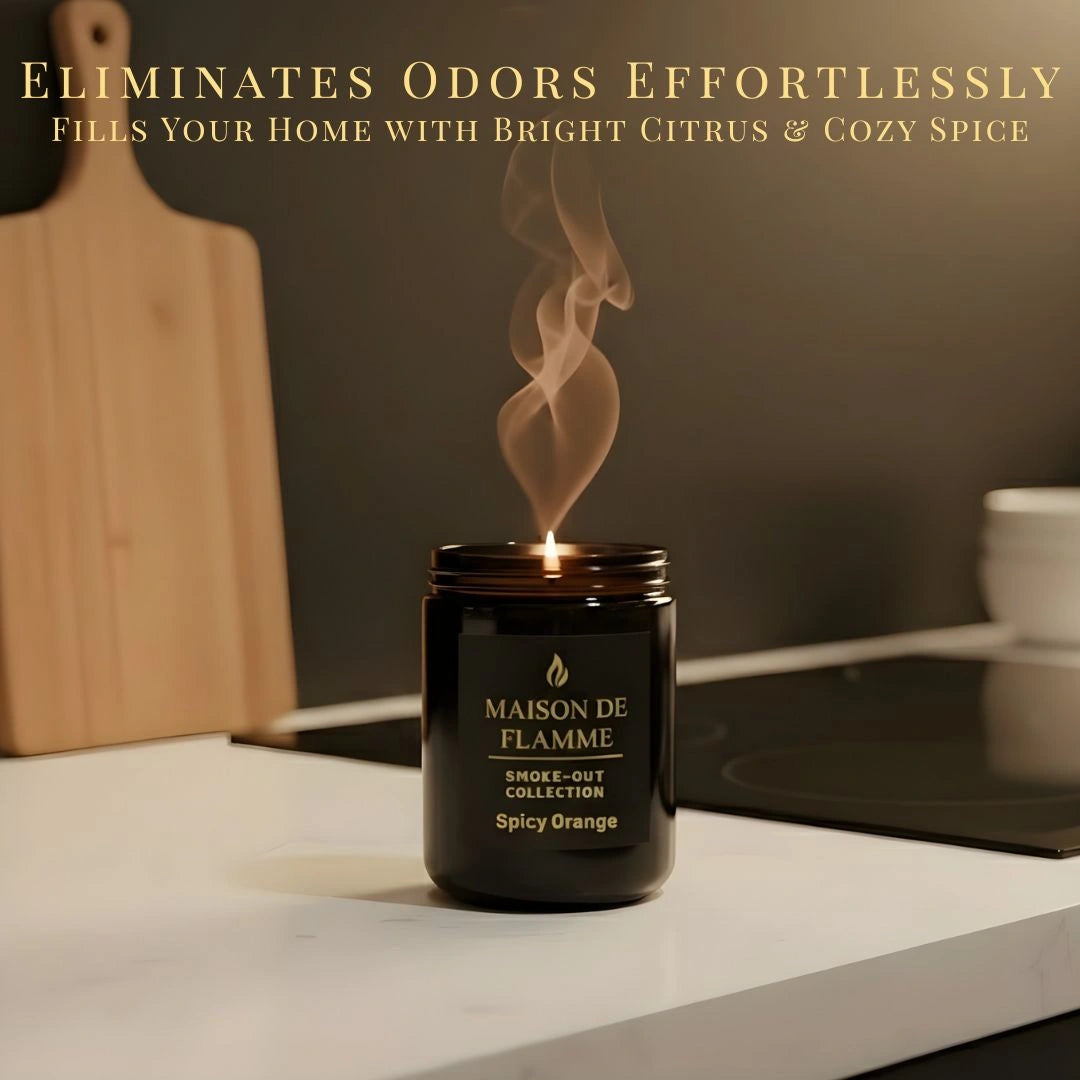 Lifestyle kitchen scene featuring the black Spicy Orange candle — bright citrus-spice aroma for cozy home ambience.