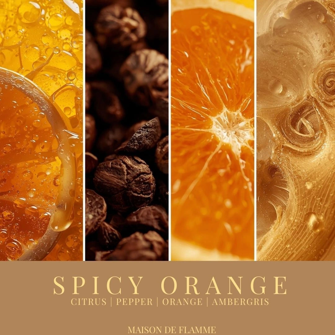 Maison De Flamme Spicy Orange candle with close-up slices of orange and spices — citrus and spice fragrance notes.