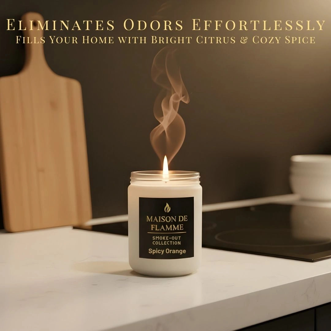 Lifestyle kitchen scene featuring the Maison De Flamme Spicy Orange candle — odor-eliminating warm citrus aroma.