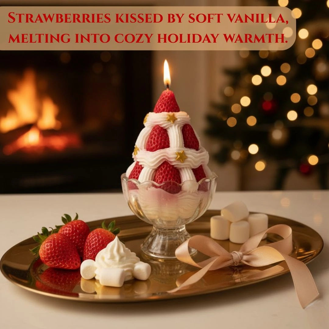 Decorative candle shaped like a Santa Claus dessert with strawberries on a tray in front of a fireplace and Christmas tree, available at Shopeezy.