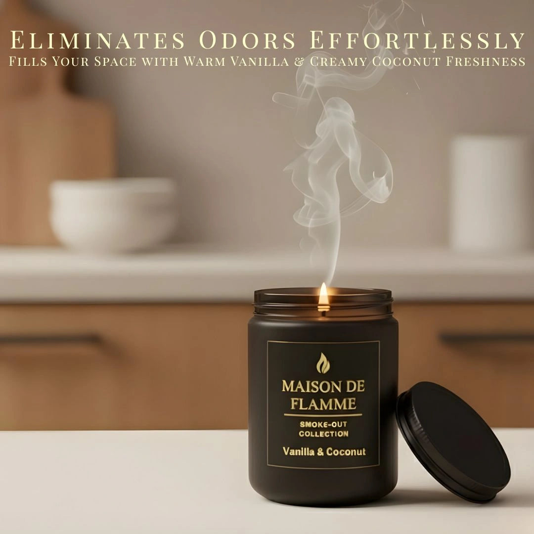 Vanilla & Coconut scented candle in black jar on a kitchen counter — odor-eliminating warm vanilla and coconut aroma.